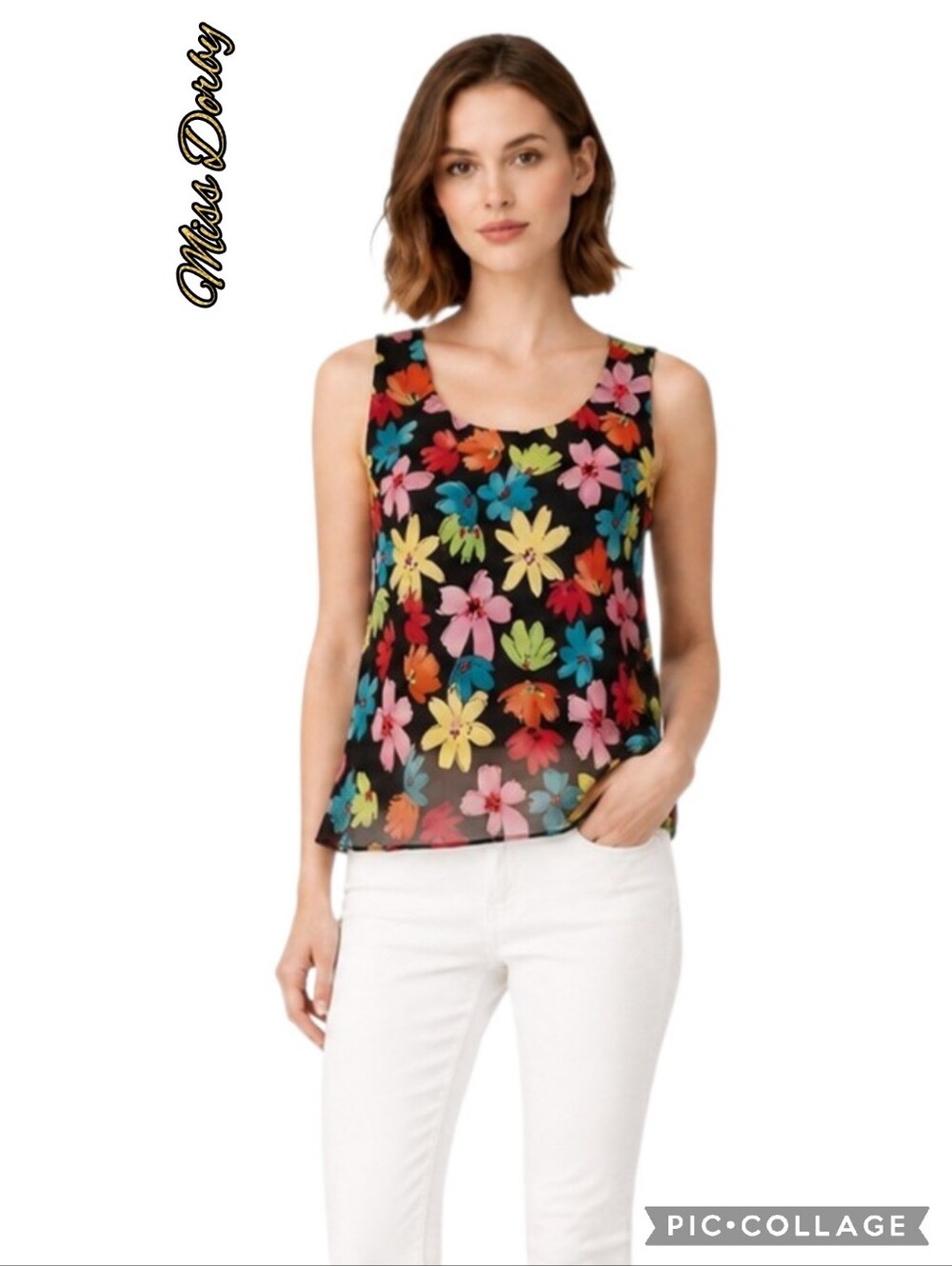 Dorby sleeveless black colorful floral tank top. Fully lined scoop neck